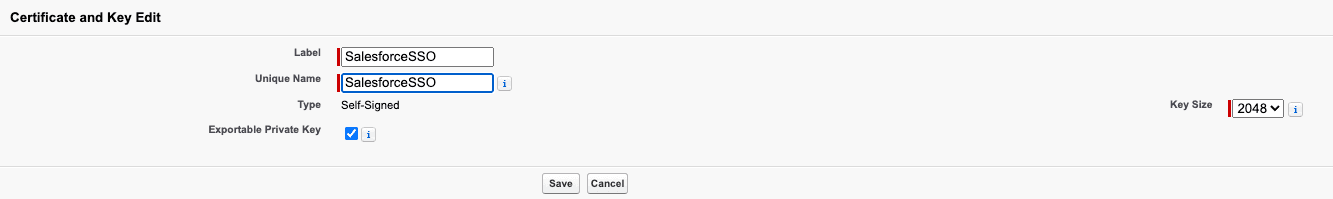 Salesforce SSO certificate and key edit form with self-signed type and 2048 key size.