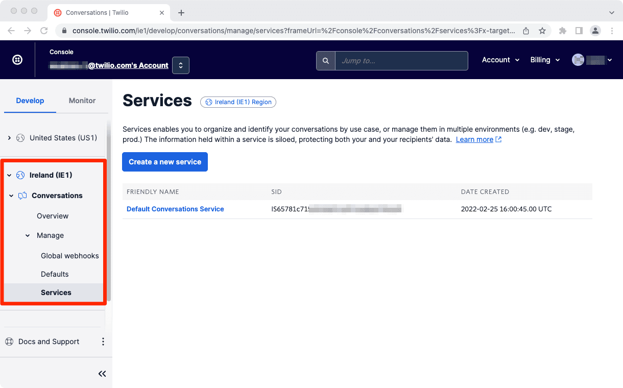 Twilio console showing Ireland IE1 region and Conversations services menu.