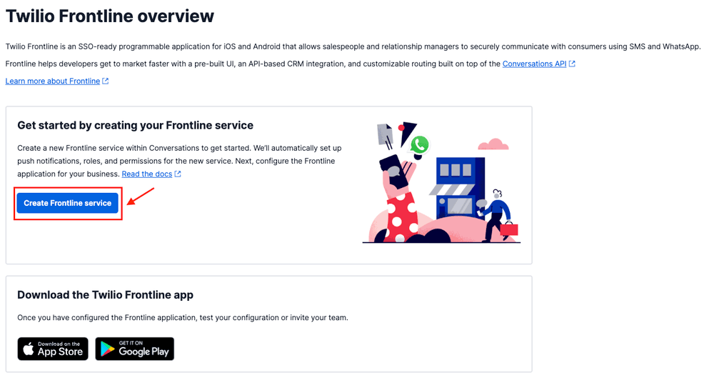 Button labeled 'Create Frontline service' with illustration of people using mobile devices.