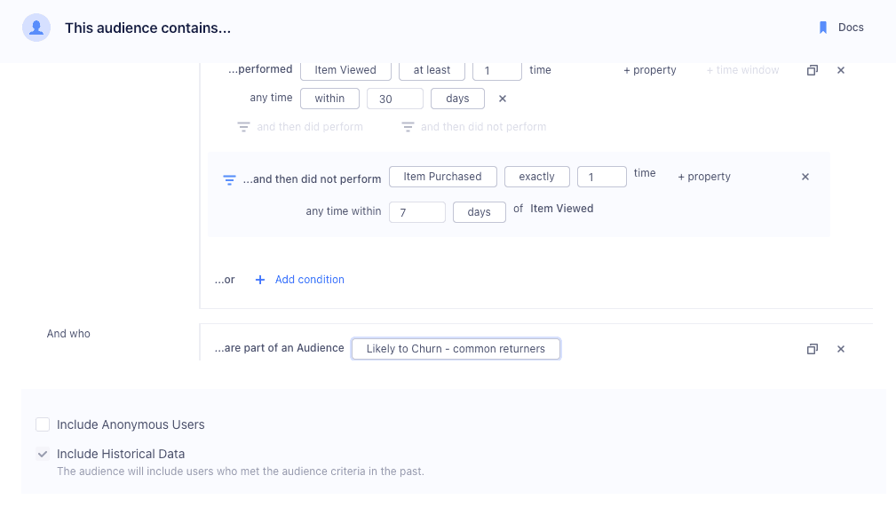 Audience criteria for users who viewed but did not purchase an item within 7 days.