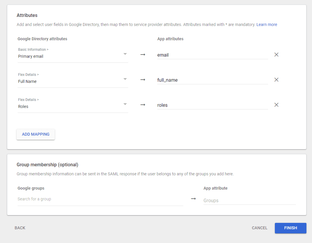 Google SSO attribute mapping for email, full name, and roles with optional group membership.
