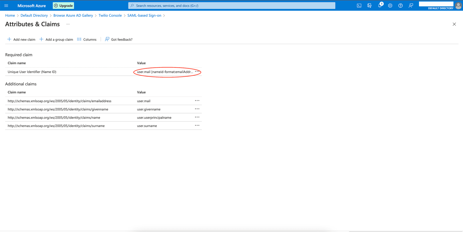 Azure AD NameID configuration with user.mail as unique identifier.