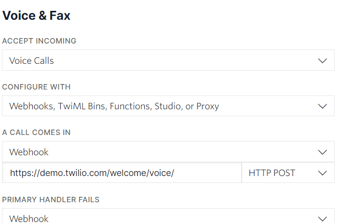 Voice and fax settings with URL configured for incoming calls via webhook.