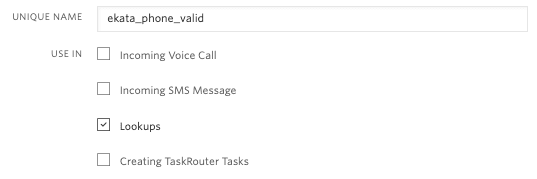 Lookups option checked for ekata_phone_valid add-on under unique name settings.