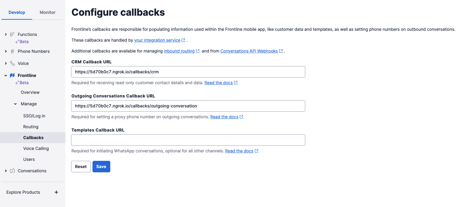 Frontline Configure Callbacks.