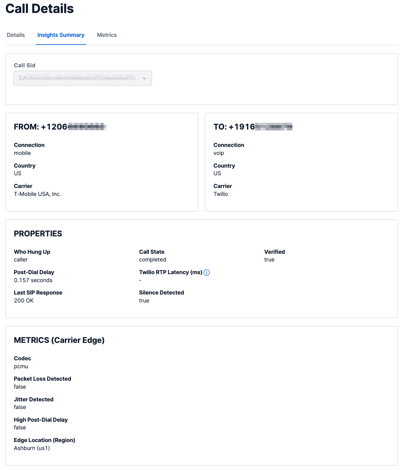 Call summary showing connection details, properties, and metrics for a completed call.