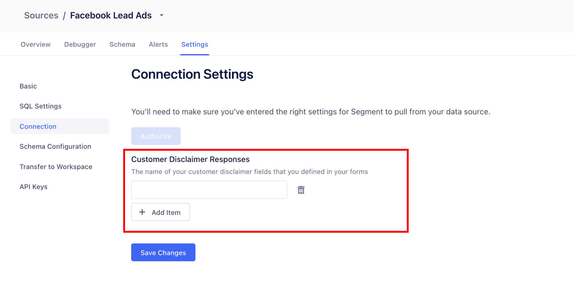 Facebook Lead Ads connection settings with focus on Customer Disclaimer Responses field.