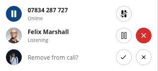 Participant list with options to mute, remove, or manage call settings.
