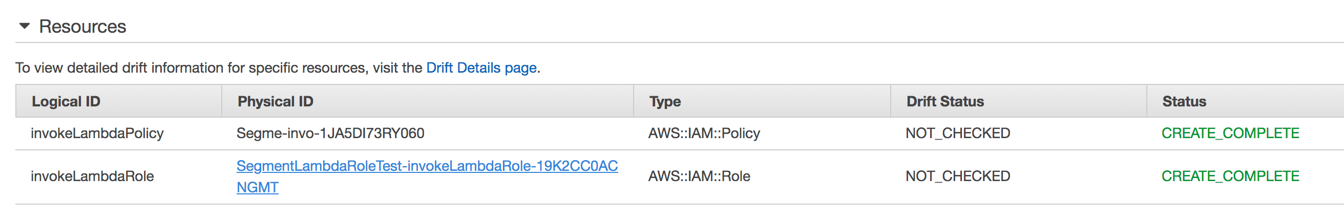 Stacks Resources table showing invokeLambdaPolicy and invokeLambdaRole with status CREATE_COMPLETE.