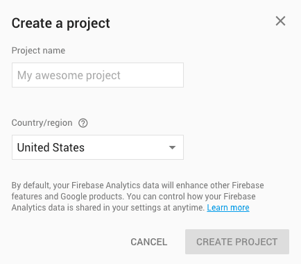 Form to create a Firebase project with fields for project name and country selection.