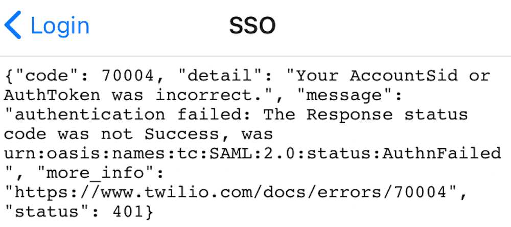 Error 70004: Incorrect AccountSid or AuthToken, authentication failed with status 401.