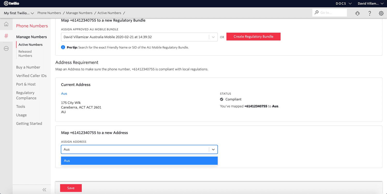 Interface for mapping phone number +61412340755 to Australian address for regulatory compliance.