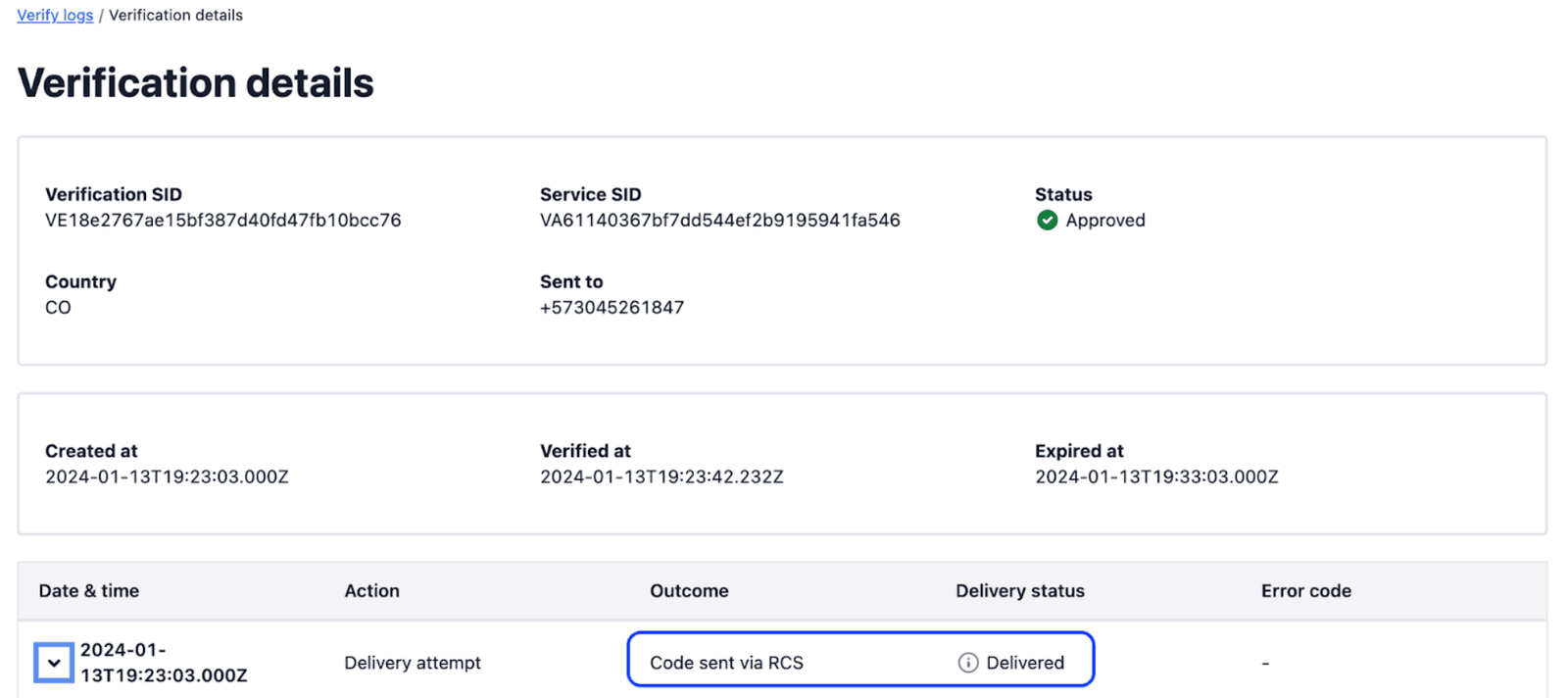 Verification details showing code sent via RCS, status approved, sent to +573045261847.