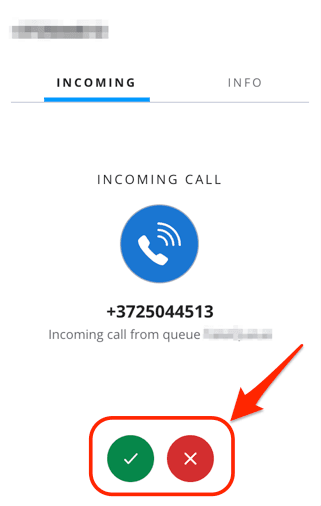 Incoming call screen with accept and decline buttons for phone number +3725044513.