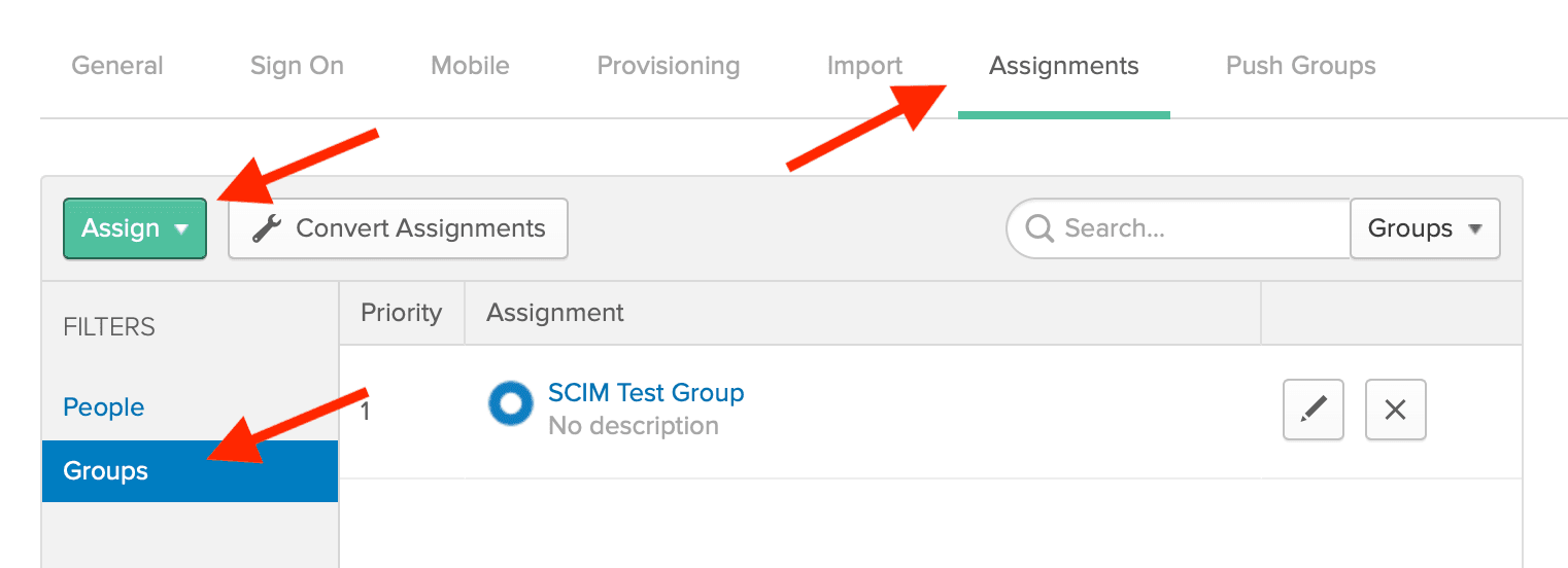 The Okta Assignments tab with Groups selected and a test group listed.