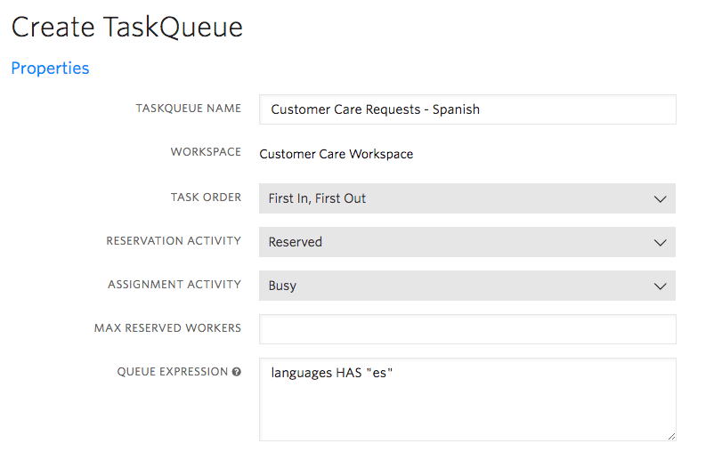 Create TaskQueue form with Spanish customer care settings and queue expression 'languages HAS es'.