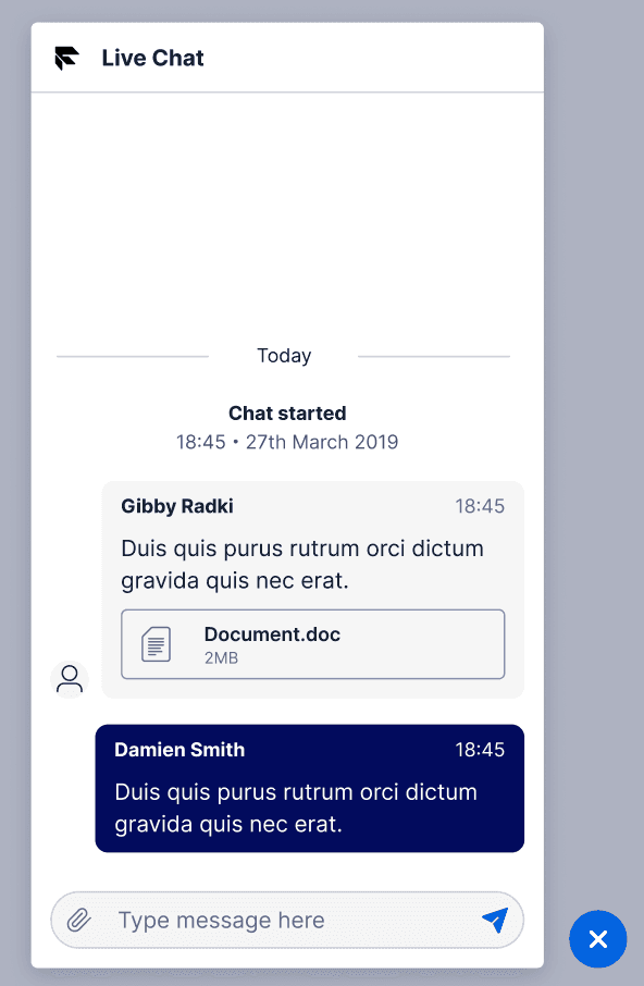 Live chat interface showing messages from Gibby Radki and Damien Smith with a document attachment.