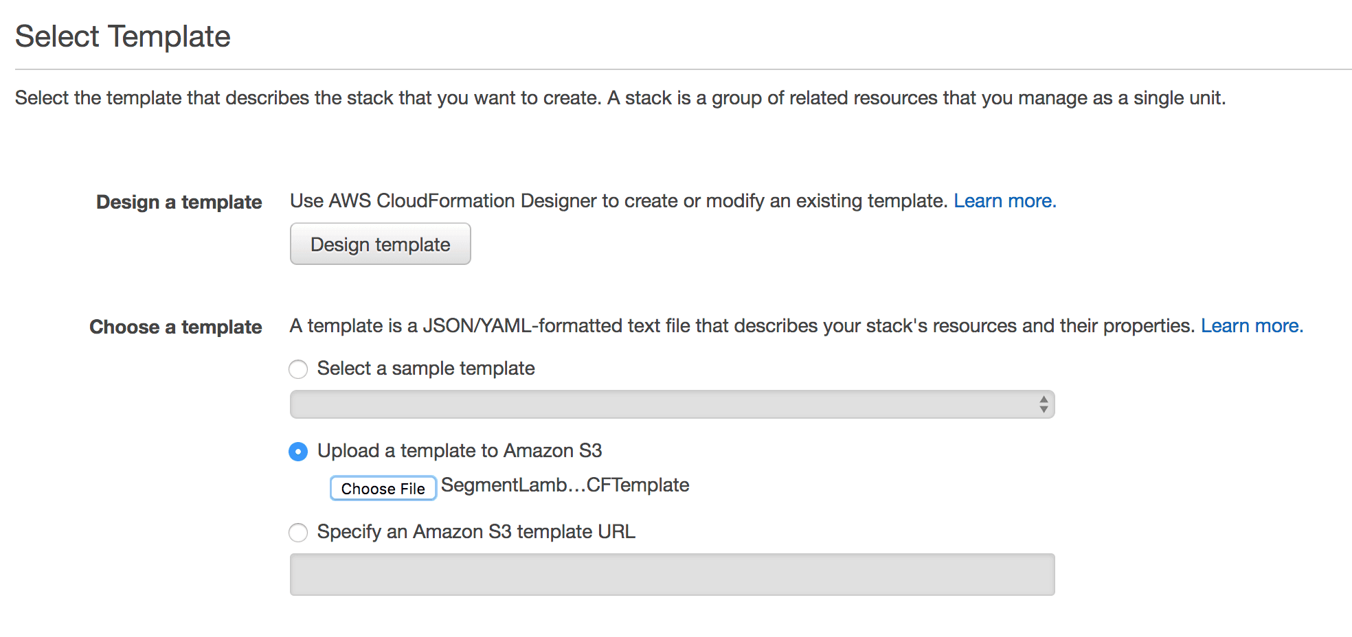 CloudFormation Select Template page with options to design or upload a template to Amazon S3.