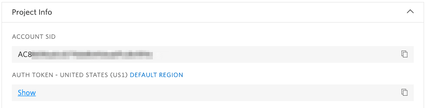Project info showing account SID and hidden auth token with option to show.