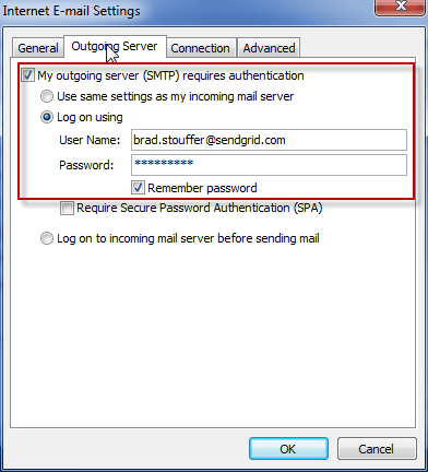 Outgoing server settings with SMTP authentication and login credentials.