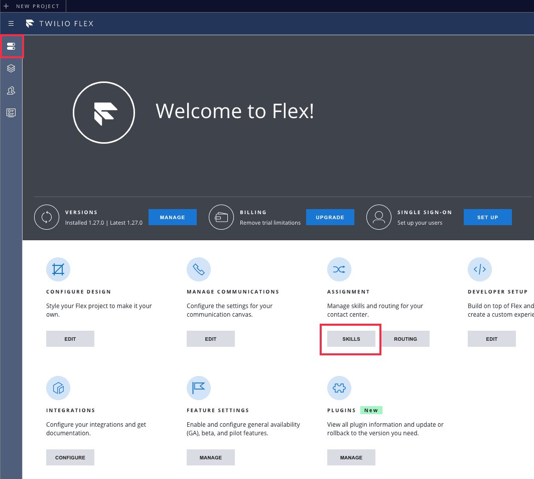 Twilio Flex UI admin dashboard with options for managing versions, billing, and user setup.