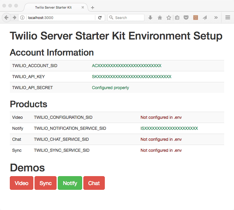 Twilio Server Starter Kit setup with account info and product configuration status.