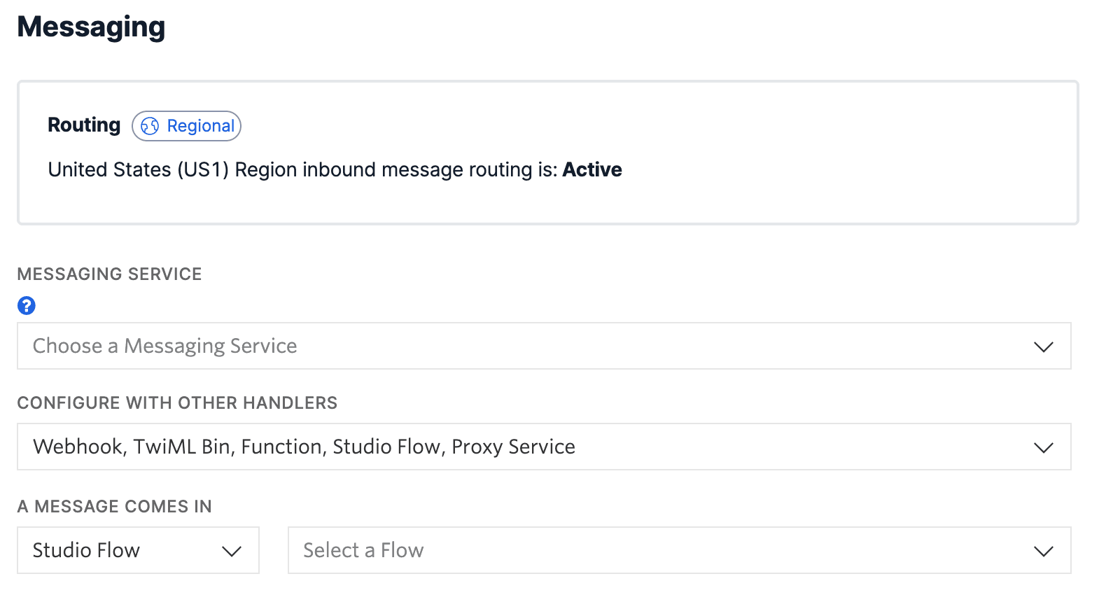 Messaging configuration with regional routing active and options for messaging service and handlers.