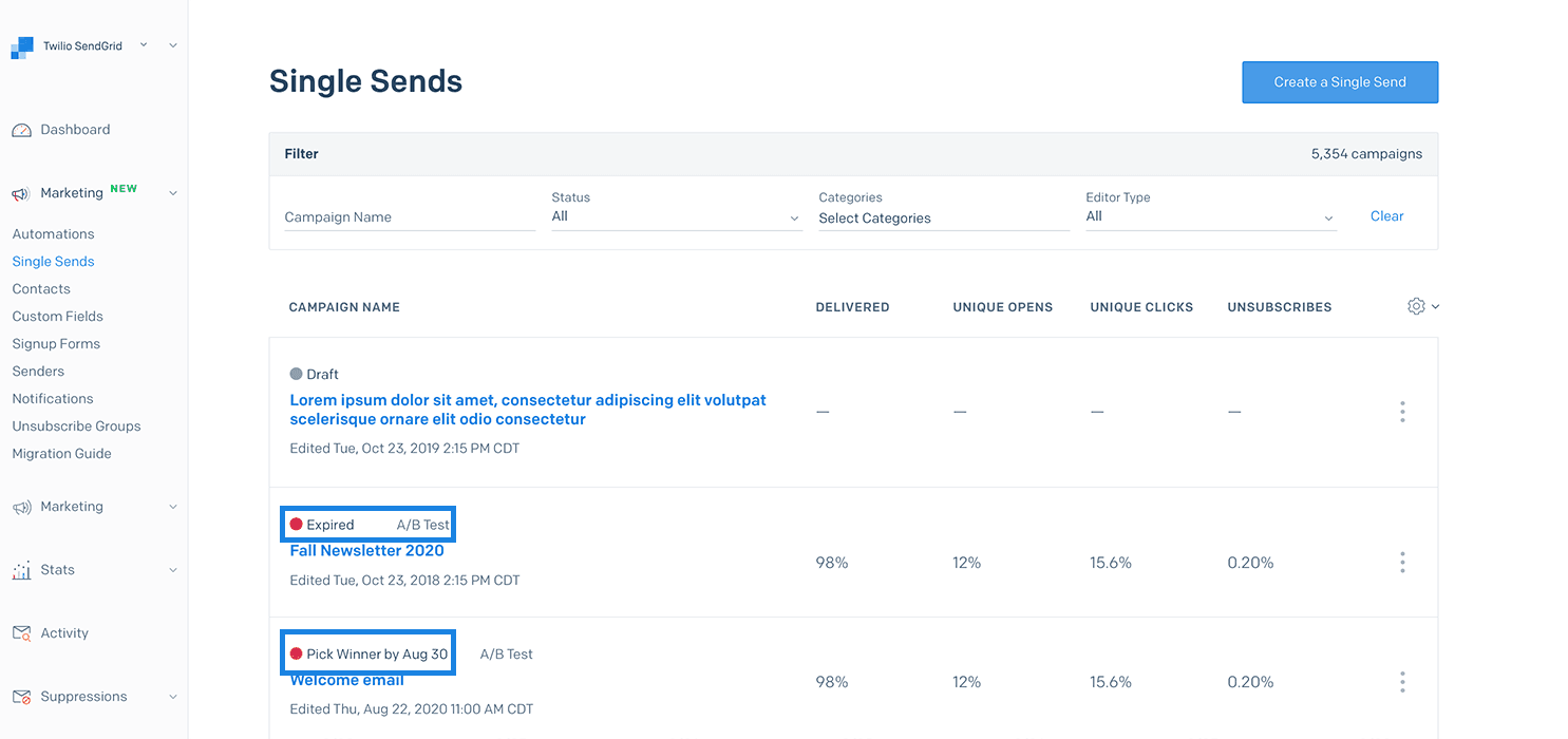 Single Sends page showing campaigns with expired and soon to expire A/B tests highlighted.