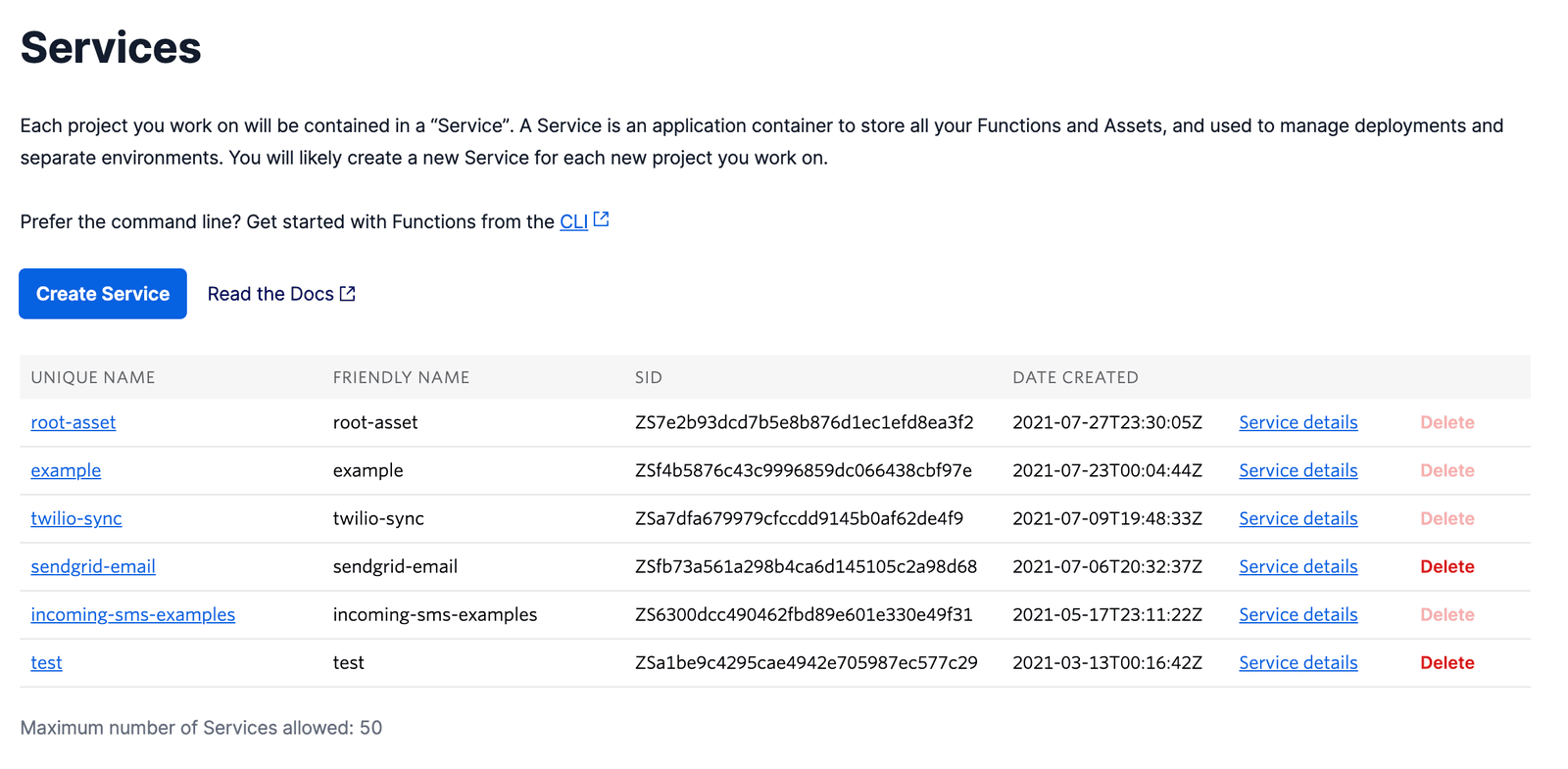 Services console showing a table with unique names, friendly names, SIDs, and creation dates.
