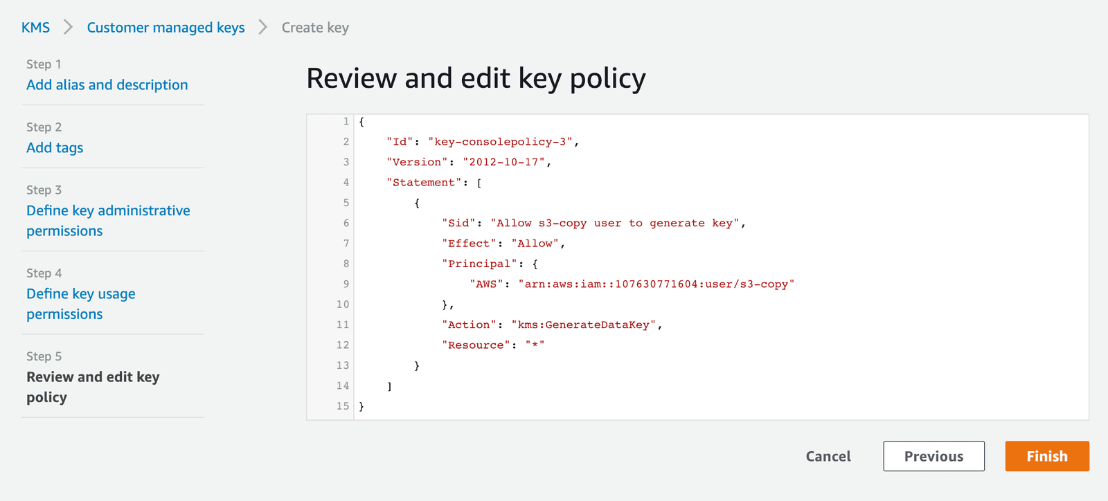 AWS key policy review with JSON code for s3-copy user permissions.