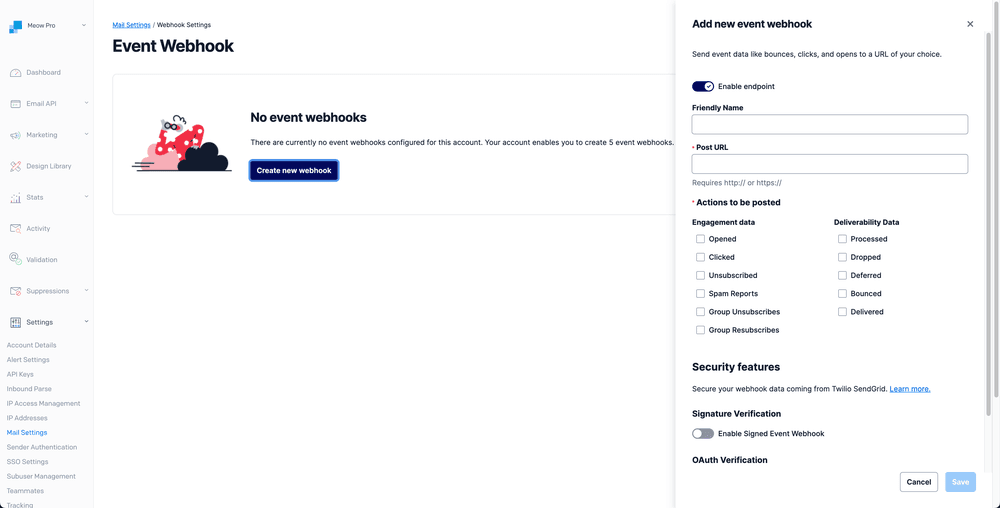 Form for creating a new event webhook with fields for endpoint, friendly name, and post URL.