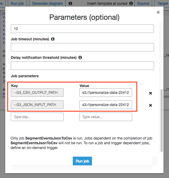 Job parameters with S3 paths for CSV output and JSON input.