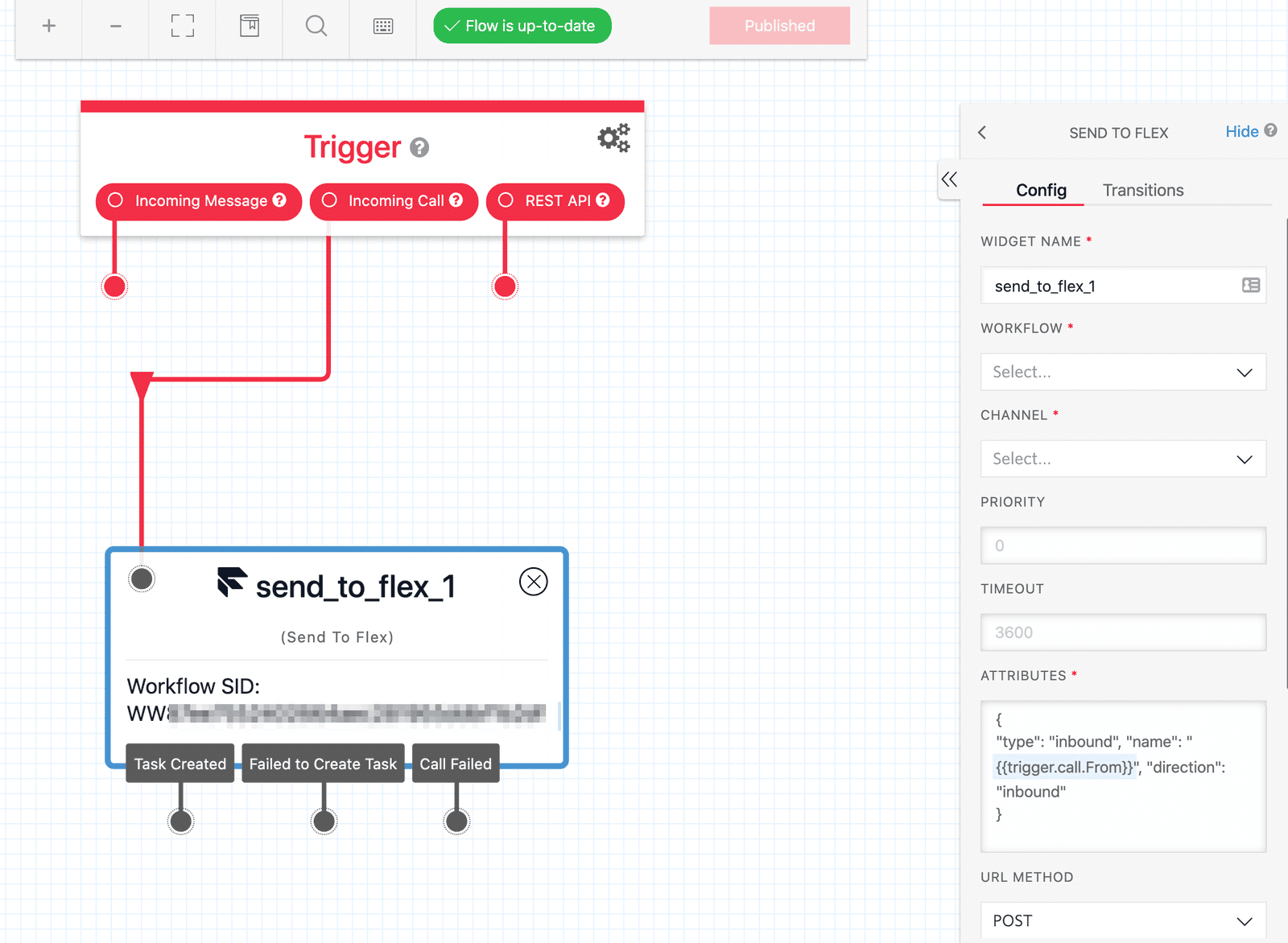 Twilio Studio flow showing trigger for incoming message, call, and REST API leading to send_to_flex_1 widget.