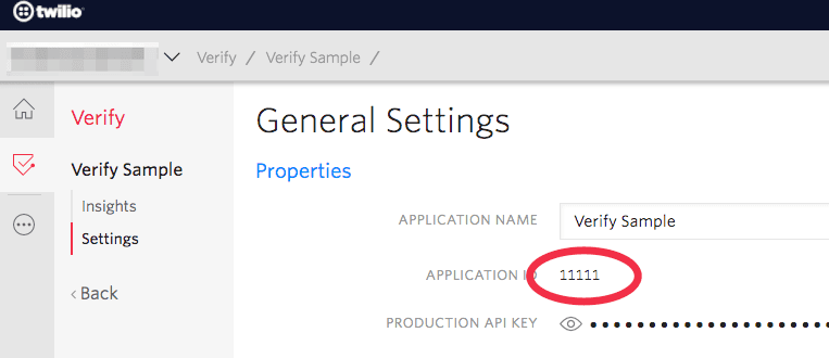 General settings showing application name 'Verify Sample' and application ID '11111'.