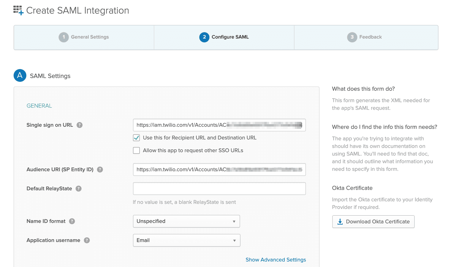 SAML settings form with fields for single sign on URL, audience URI, and options for name ID format.