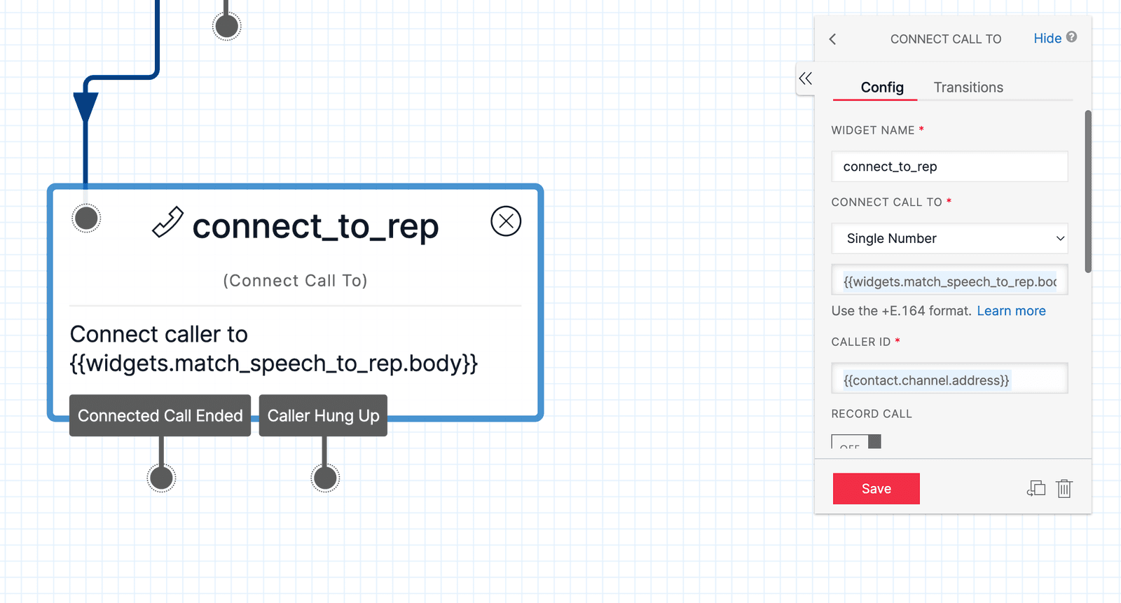 Twilio Studio Tutorial Route Leads Connect Call widget with configuration panel on the right.