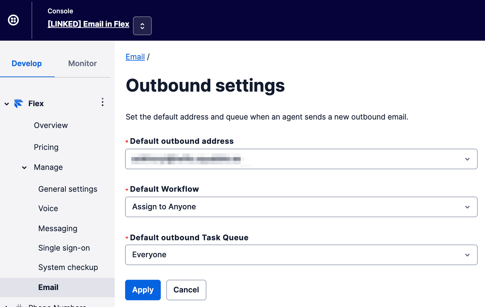 Flex outbound email settings with default address, workflow, and task queue options.