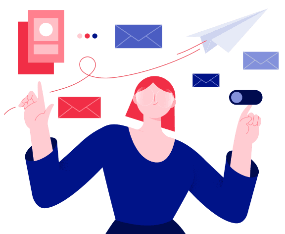 A person interacting with email icons and a paper airplane.