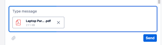Message input with attached PDF file named 'Laptop Par...pdf', size 211 KB.