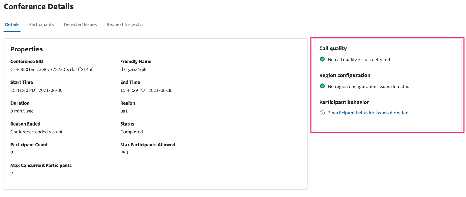 Conference details with no call quality issues and 2 participant behavior issues detected.