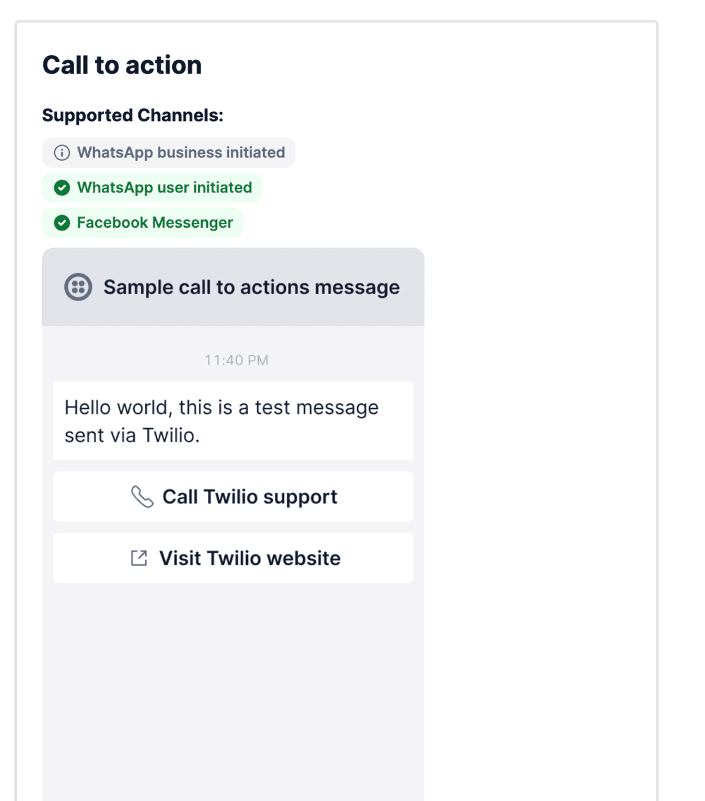Call to action with supported channels WhatsApp and Facebook Messenger, sample message, and Twilio support links.