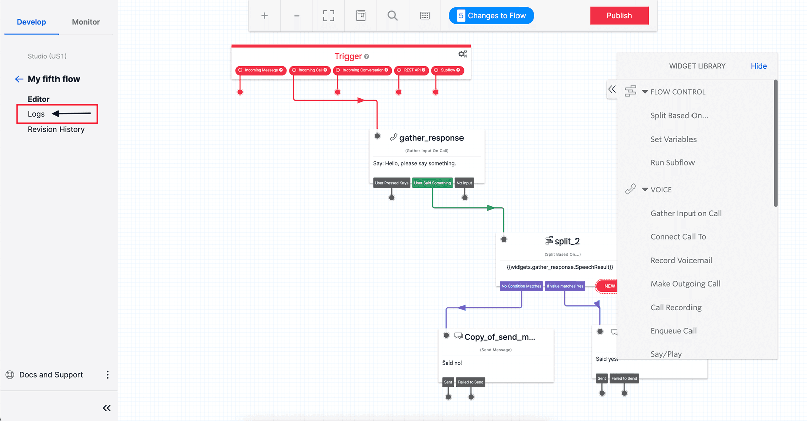 Twilio Studio Canvas showing a flow with highlighted Logs link in the left navigation panel.