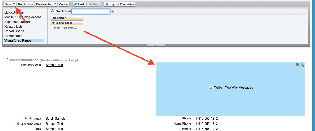 Drag Twilio Two Way Messages component to Visualforce page layout.