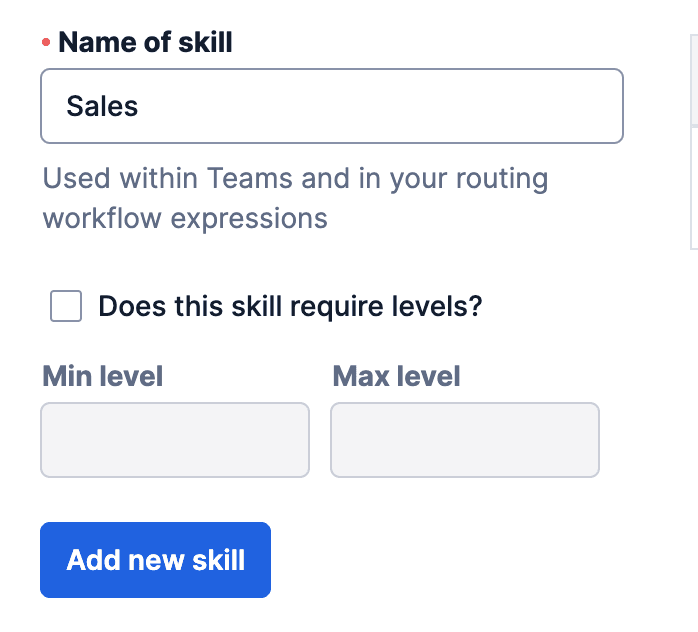 Form to add a new skill named 'Sales' with optional level settings in Flex Admin UI.