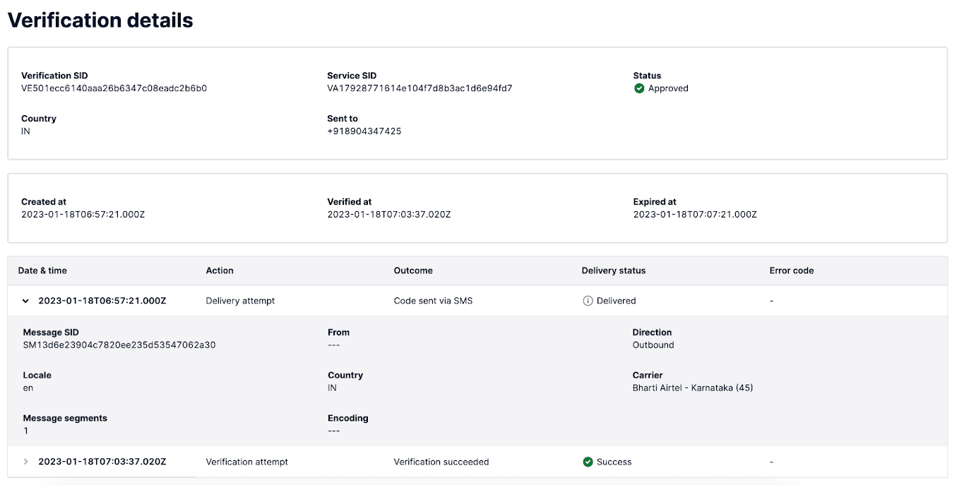 Twilio verification details showing approved status, delivery attempt, and success.