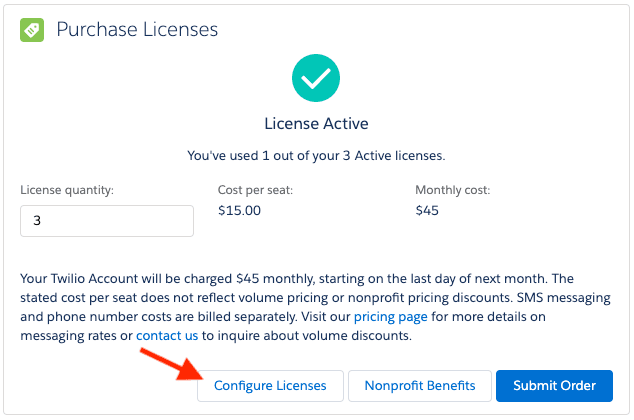 License configuration with active status, cost per seat $15, monthly cost $45, and configure licenses button.