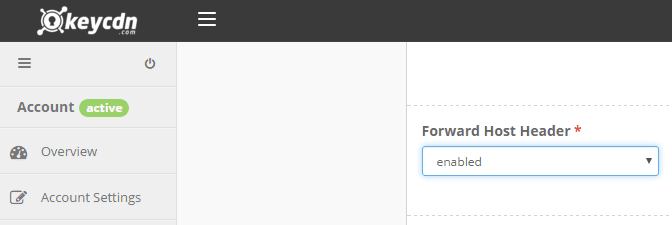 KeyCDN interface showing Forward Host Header set to enabled.