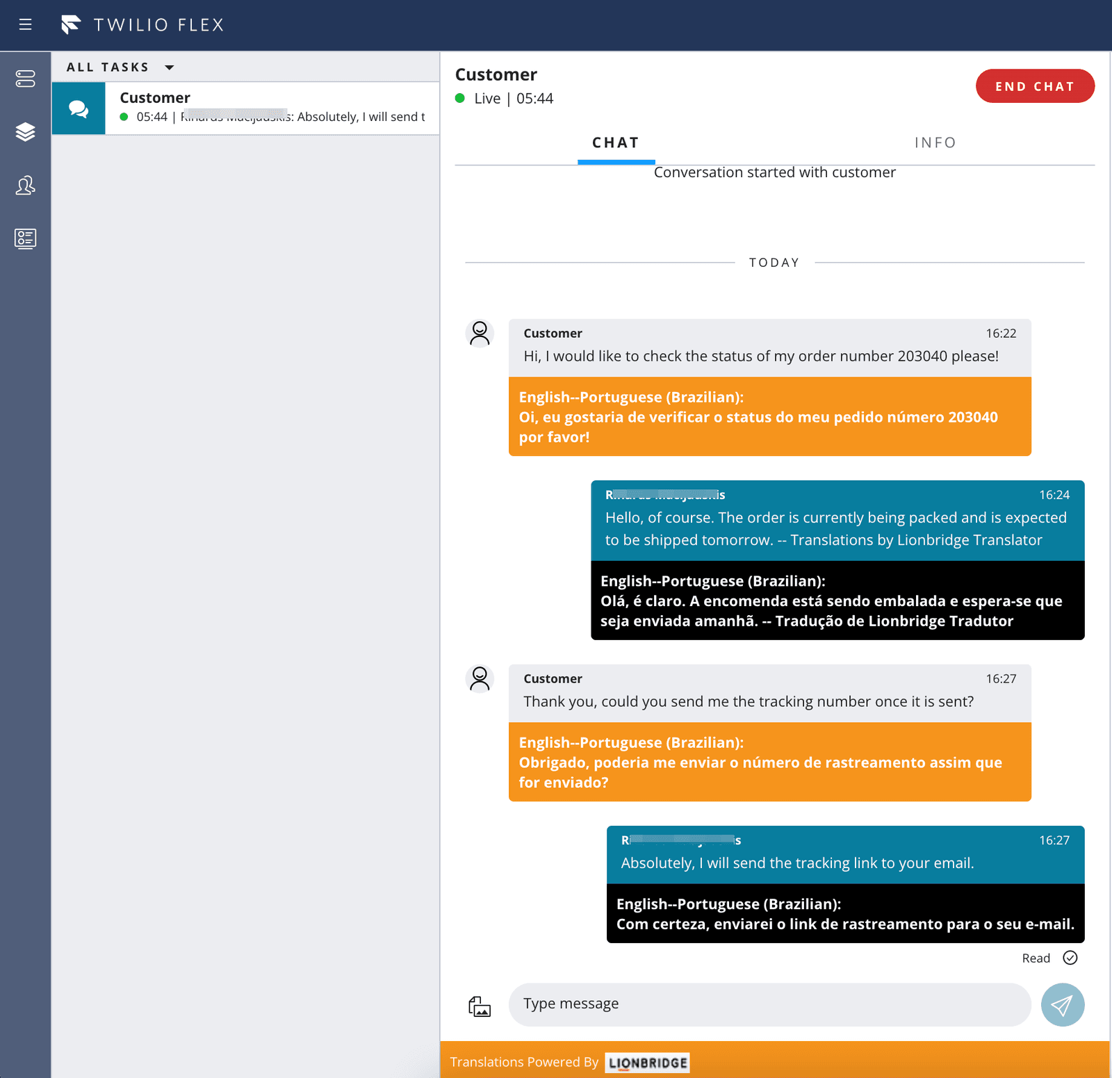 Agent chat interface showing translated conversation with customer about order status and tracking.