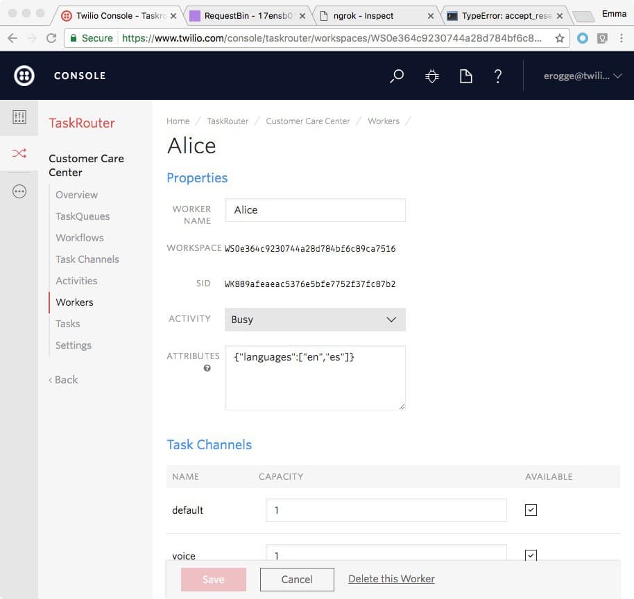 Alice's activity status set to Busy in Twilio TaskRouter console.