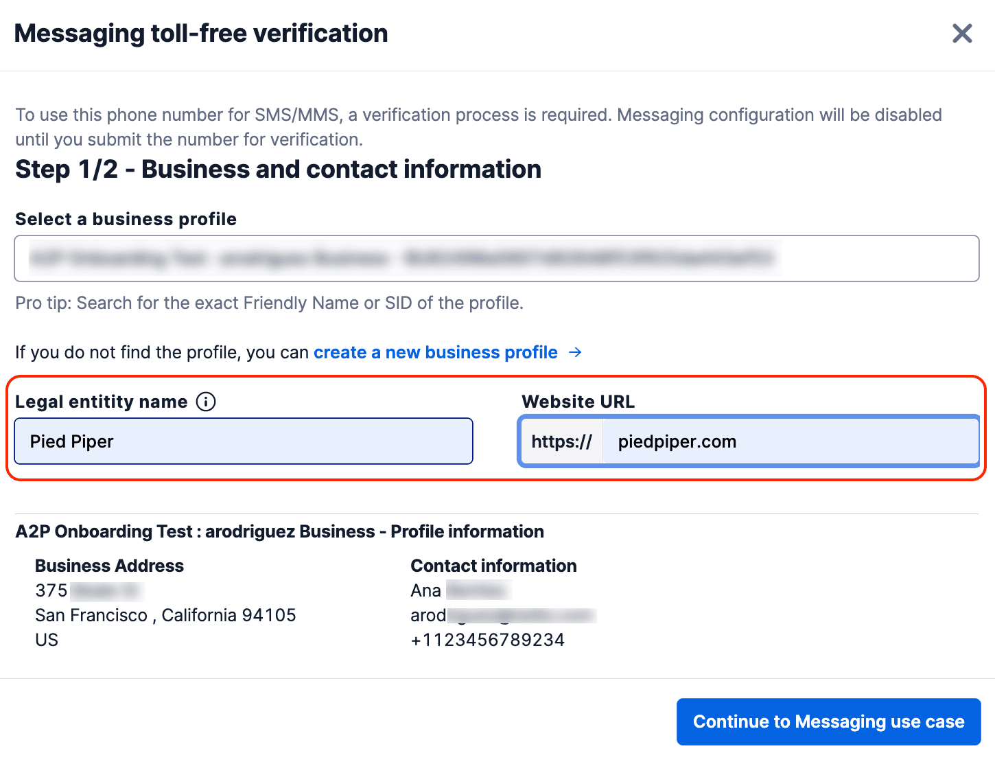 Select a business profile for toll-free verification; example shows Pied Piper with website piedpiper.com.